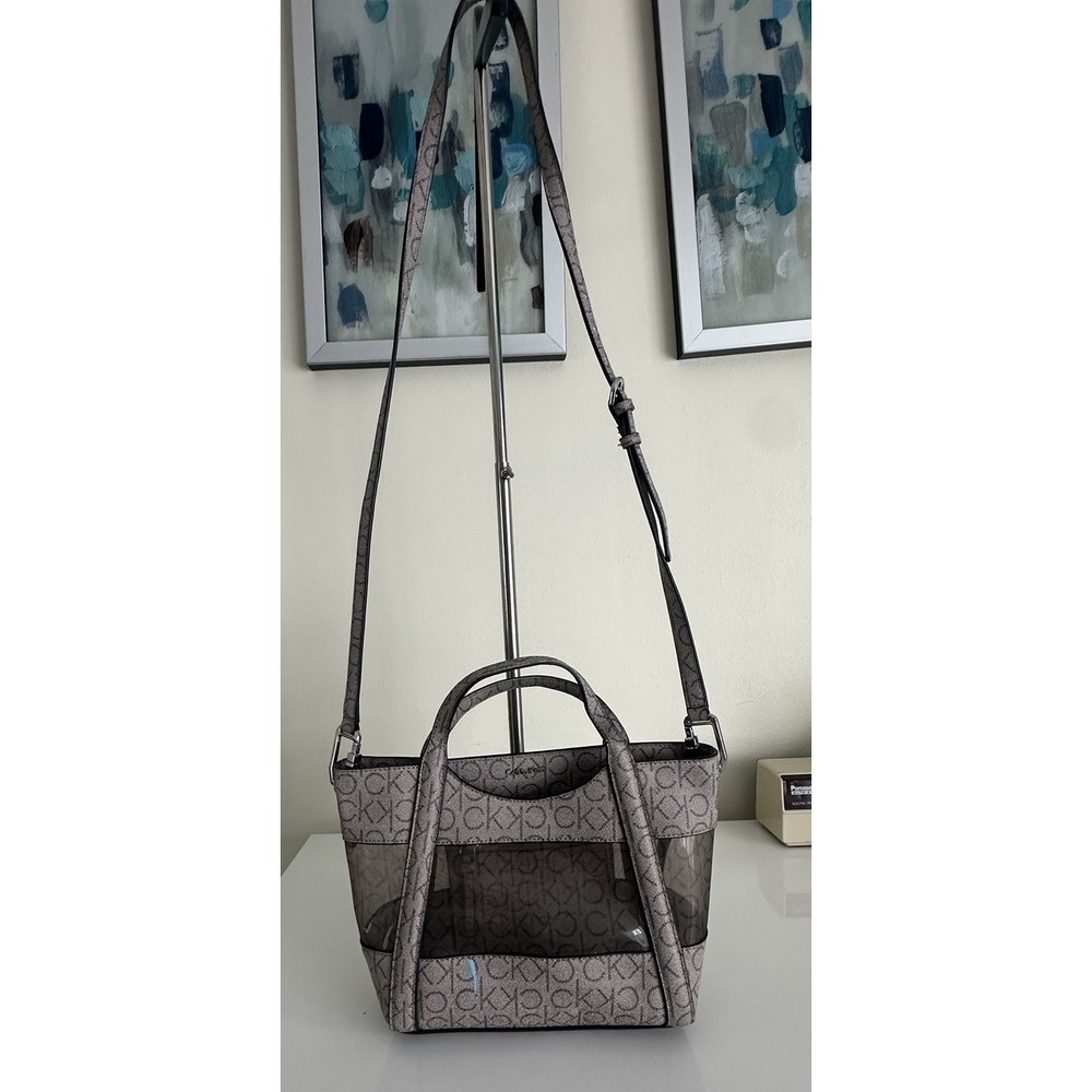 Calvin Klein Monogram Clear Panel Tote Crossbody Bag Taupe Brown Logo CK Small‎